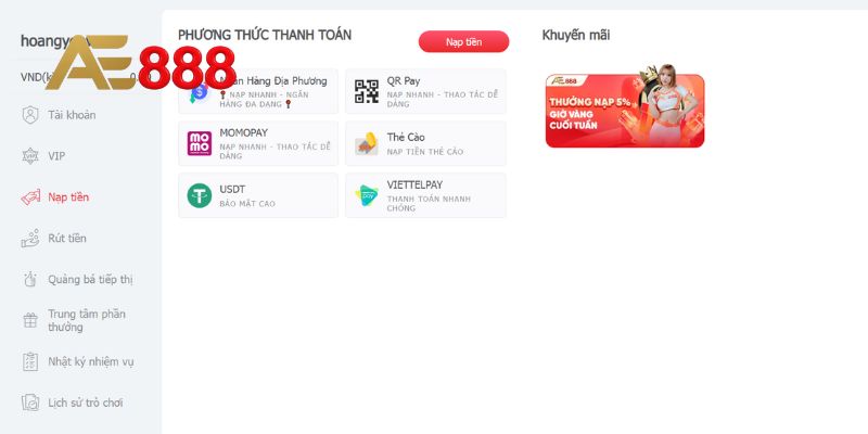 Thủ tục nạp tiền nhanh chóng